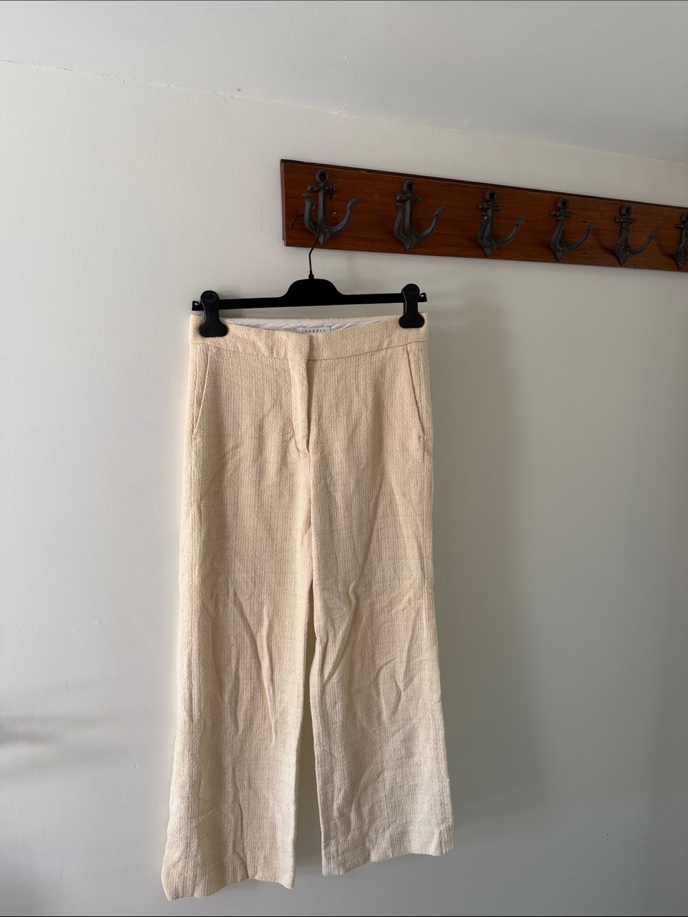 Sandro Cream Textured Wide-Leg Trousers